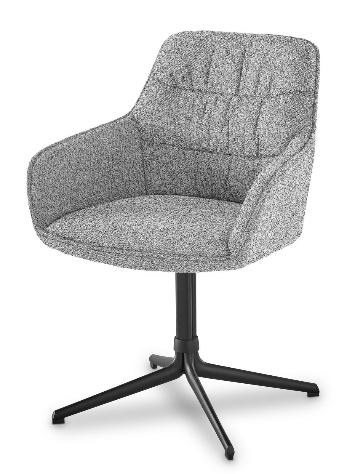Grauer Armlehnstuhl mit gepolsterter Sitzfläche und Rückenlehne, auf schwarzem Drehgestell, seitliche Perspektive