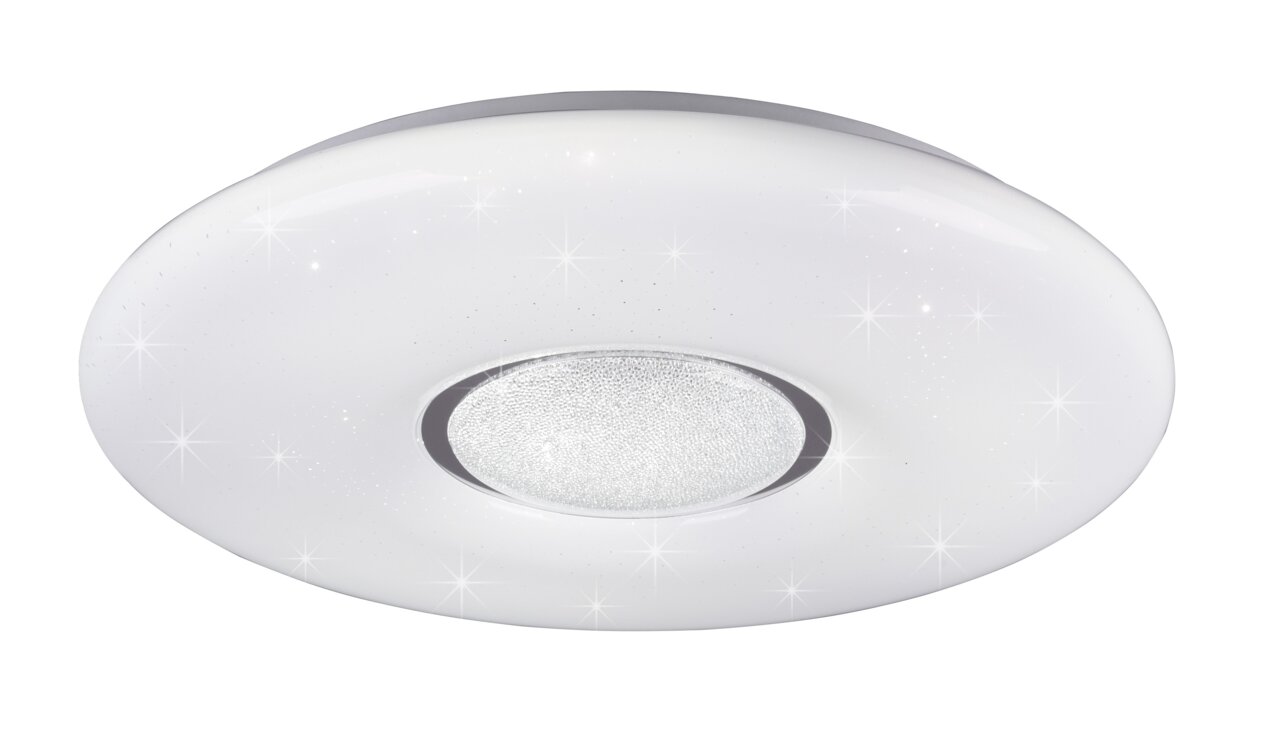 Reality Leuchten Deckenleuchte LIA Runde, weiße Deckenleuchte mit funkelndem Effekt, von unten betrachtet.
