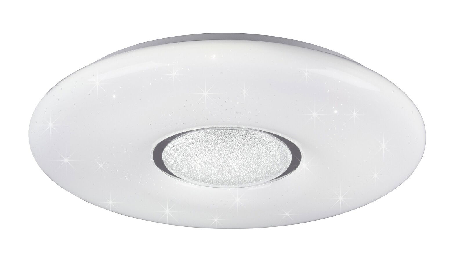 Runde, weiße Deckenleuchte mit funkelndem Effekt, von unten betrachtet.