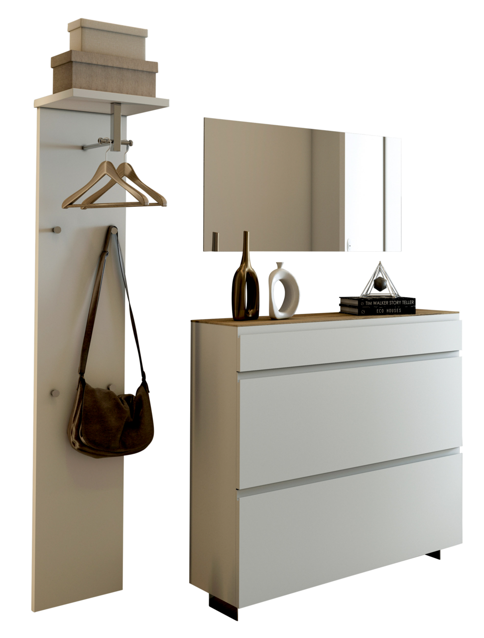 Moderano Garderoben-Set LECCO Garderobenset mit Wandpaneel, Kleiderhaken, Spiegel und Kommode in moderner Perspektive