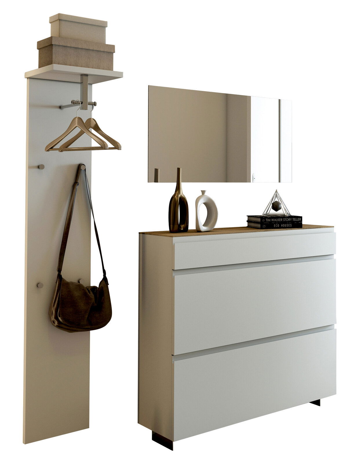 Moderano Garderoben-Set LECCO Garderobenset mit Wandpaneel, Kleiderhaken, Spiegel und Kommode in moderner Perspektive