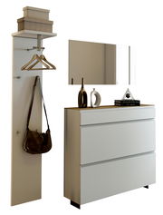 Garderobenset mit Wandpaneel, Kleiderhaken, Spiegel und Kommode in moderner Perspektive