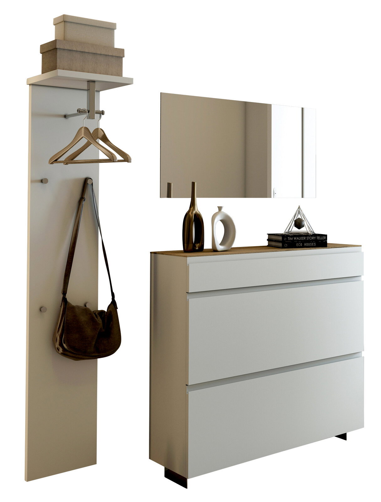 Moderano Garderoben-Set LECCO Garderobenset mit Wandpaneel, Kleiderhaken, Spiegel und Kommode in moderner Perspektive