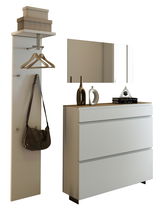 Garderobenset mit Wandpaneel, Kleiderhaken, Spiegel und Kommode in moderner Perspektive