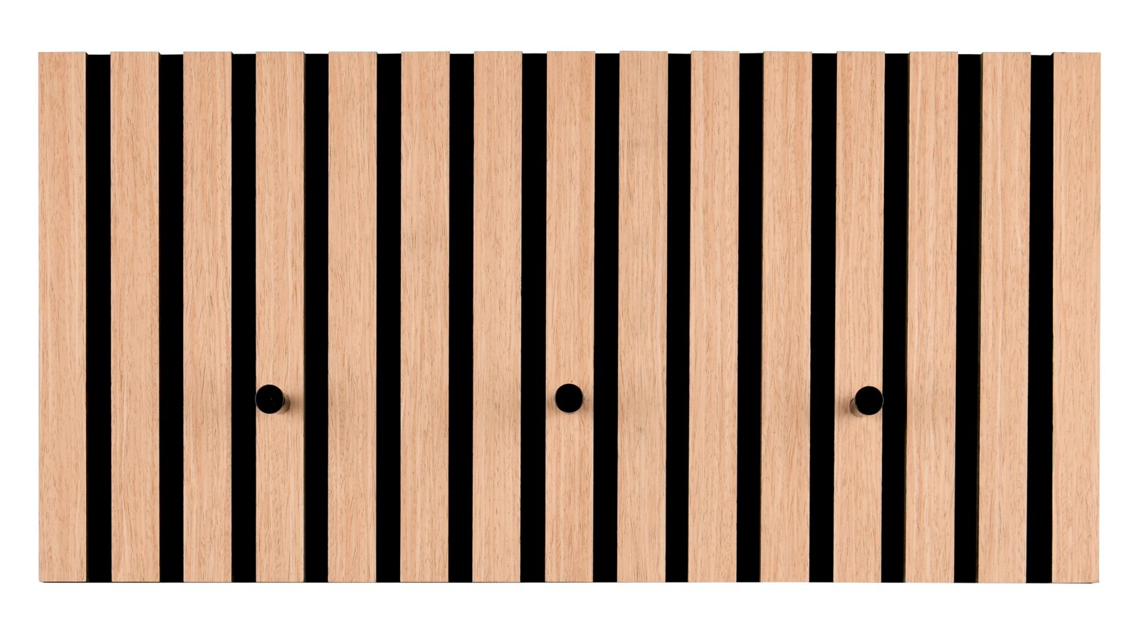 Vorderansicht einer modernen Garderobenleiste aus Holz mit schwarzen Haken und vertikalen Streifen.