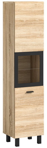 Moderner Badschrank aus Holz mit zwei Türen und einem Glaseinsatz, frontal betrachtet.