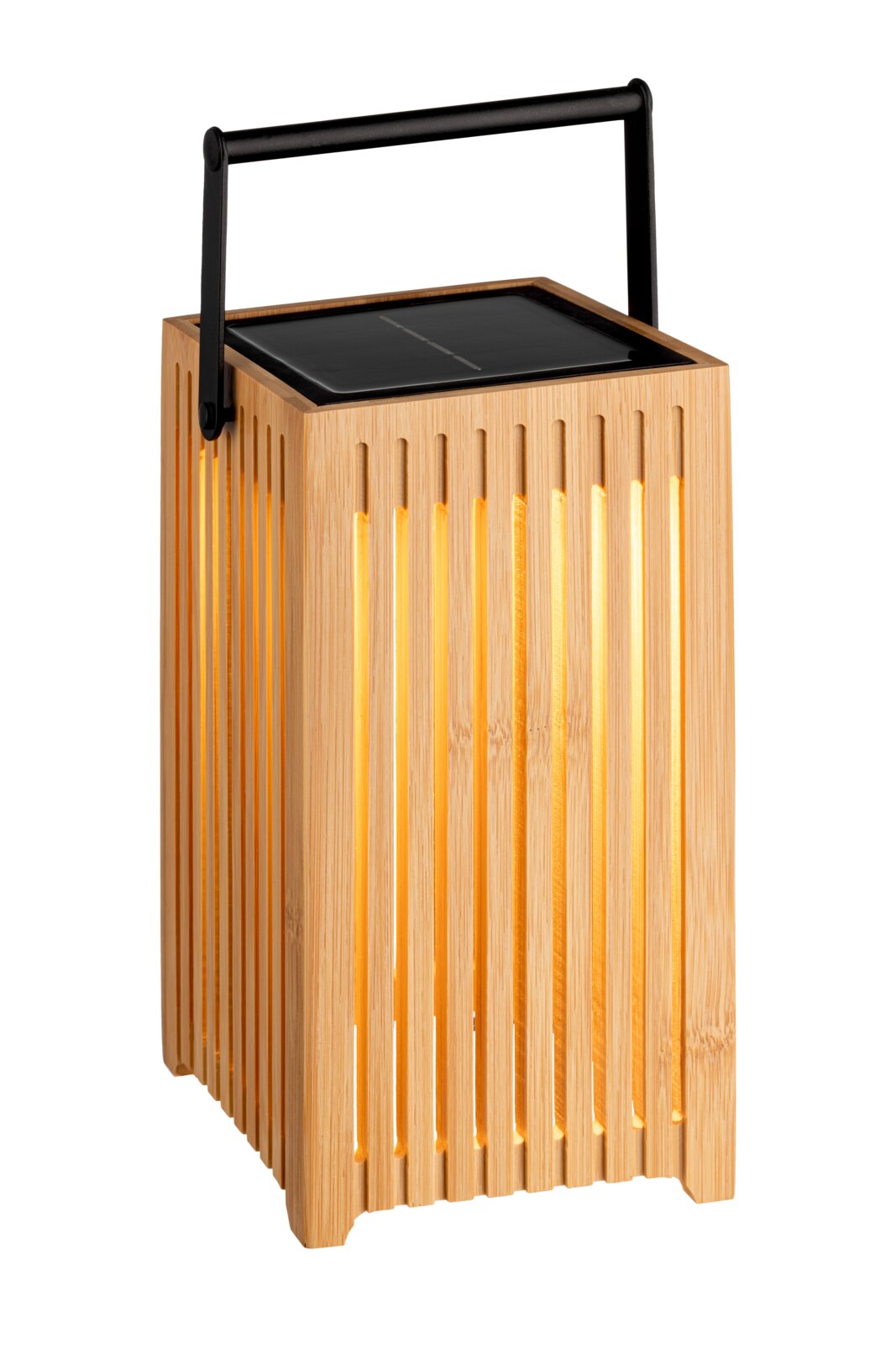 Solarbetriebene Holzlaterne mit schwarzem Griff, seitliche Perspektive