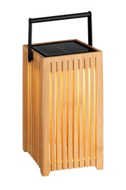Solarbetriebene Holzlaterne mit schwarzem Griff, seitliche Perspektive