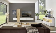 Moderne Wohnzimmeransicht mit Wandkombination, bestehend aus weißen Schränken und Holzelementen, im Vordergrund ein braunes Sofa, seitliche Perspektive.