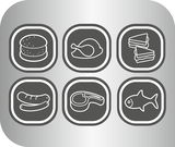 Symbole für verschiedene Lebensmittel auf einem Grill: Burger, Hähnchen, Sandwich, Würstchen, Steak und Fisch, aus der Vogelperspektive.