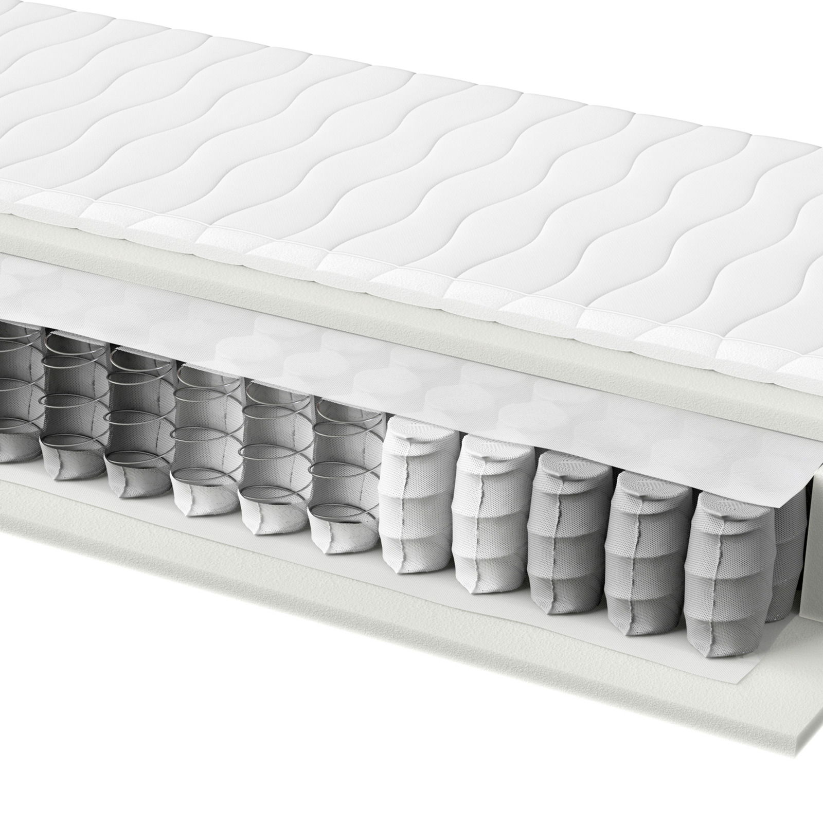 Querschnitt einer Taschenfederkernmatratze mit sichtbaren Federn und Schichten, seitliche Perspektive