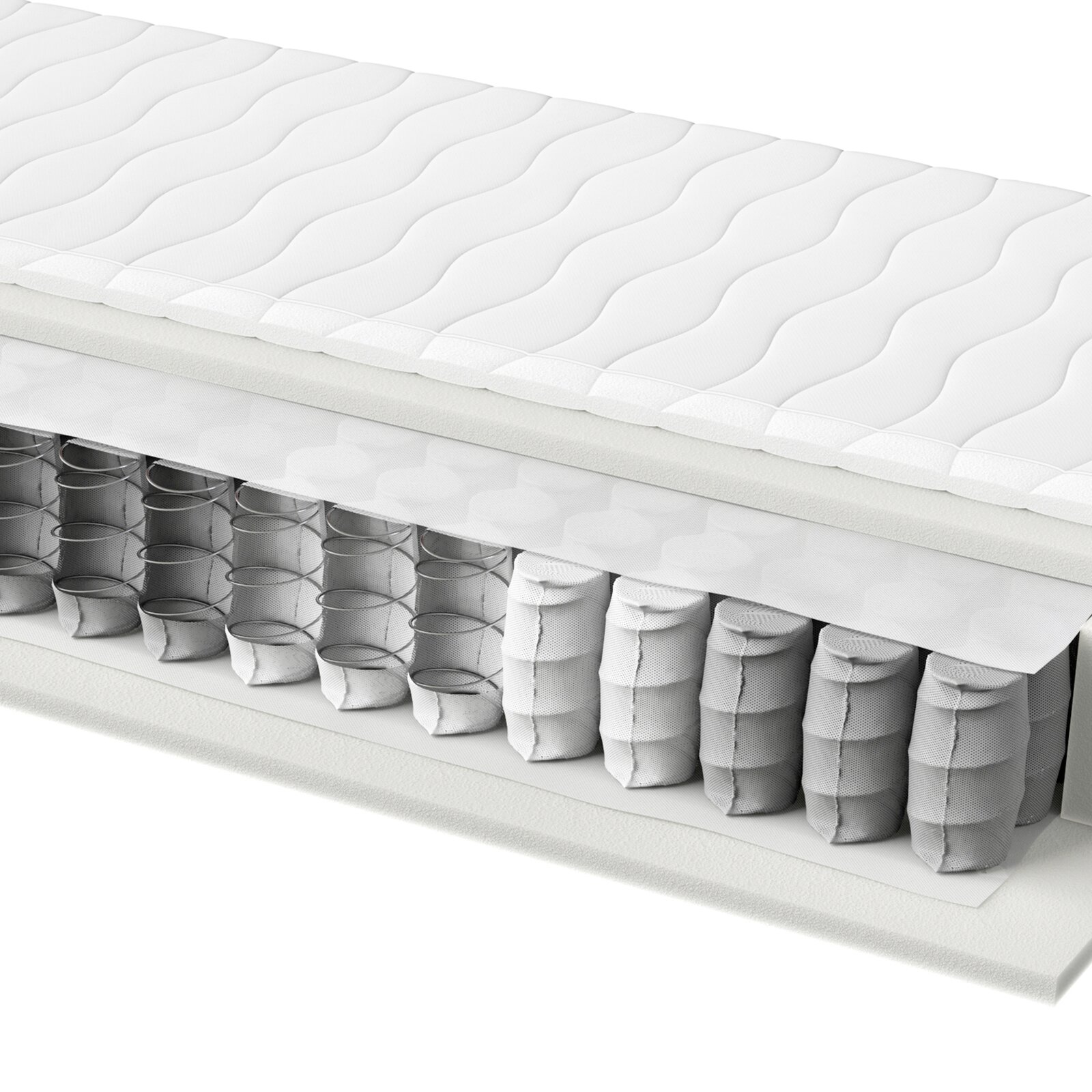 Querschnitt einer Taschenfederkernmatratze mit sichtbaren Federn und Schichten, seitliche Perspektive