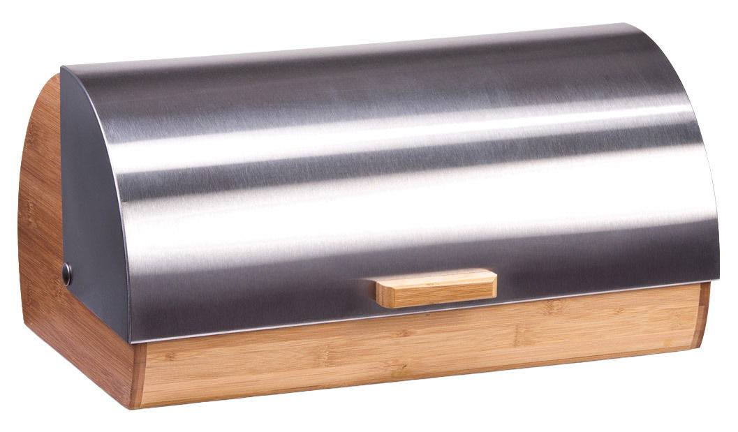 Moderner Brotkasten aus Edelstahl und Holz, seitliche Perspektive