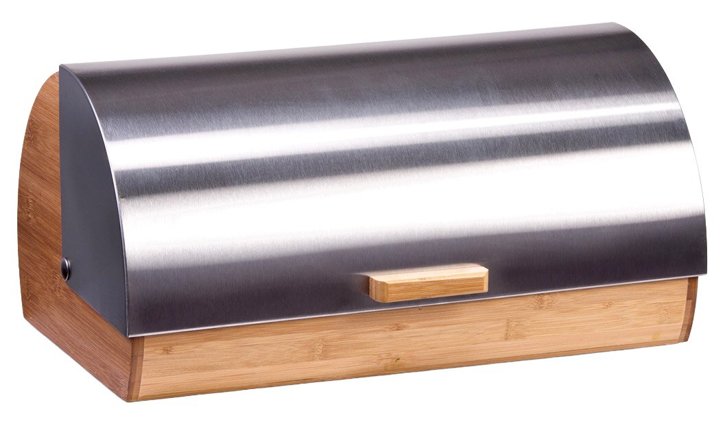 Moderner Brotkasten aus Edelstahl und Holz, seitliche Perspektive
