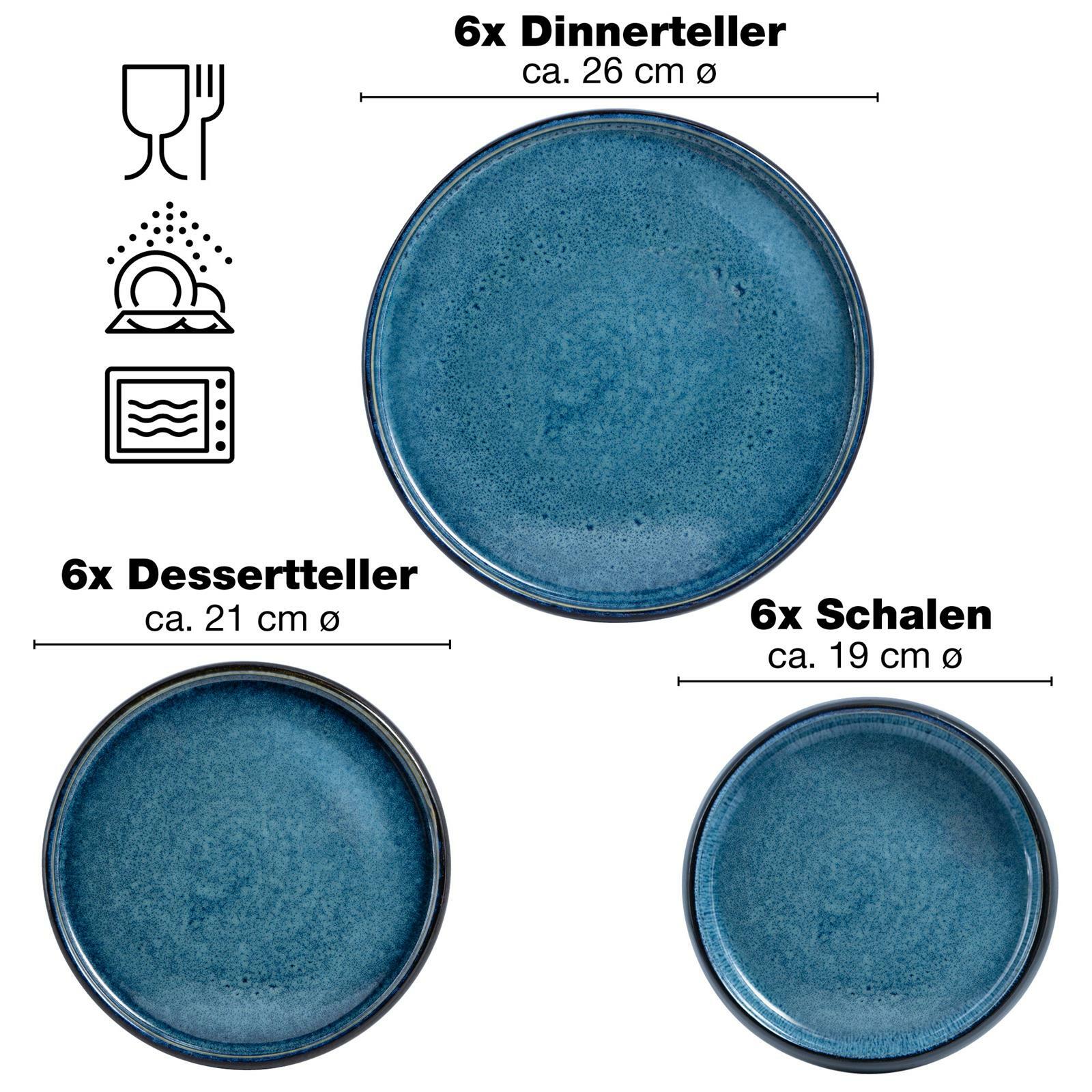 Blaues 18-teiliges Tafelservice bestehend aus 6 Dinnertellern (ca. 26 cm Ø), 6 Desserttellern (ca. 21 cm Ø) und 6 Schalen (ca. 19 cm Ø), Ansicht von oben.