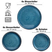 Blaues 18-teiliges Tafelservice bestehend aus 6 Dinnertellern (ca. 26 cm Ø), 6 Desserttellern (ca. 21 cm Ø) und 6 Schalen (ca. 19 cm Ø), Ansicht von oben.