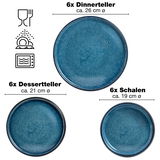 Blaues 18-teiliges Tafelservice bestehend aus 6 Dinnertellern (ca. 26 cm Ø), 6 Desserttellern (ca. 21 cm Ø) und 6 Schalen (ca. 19 cm Ø), Ansicht von oben.