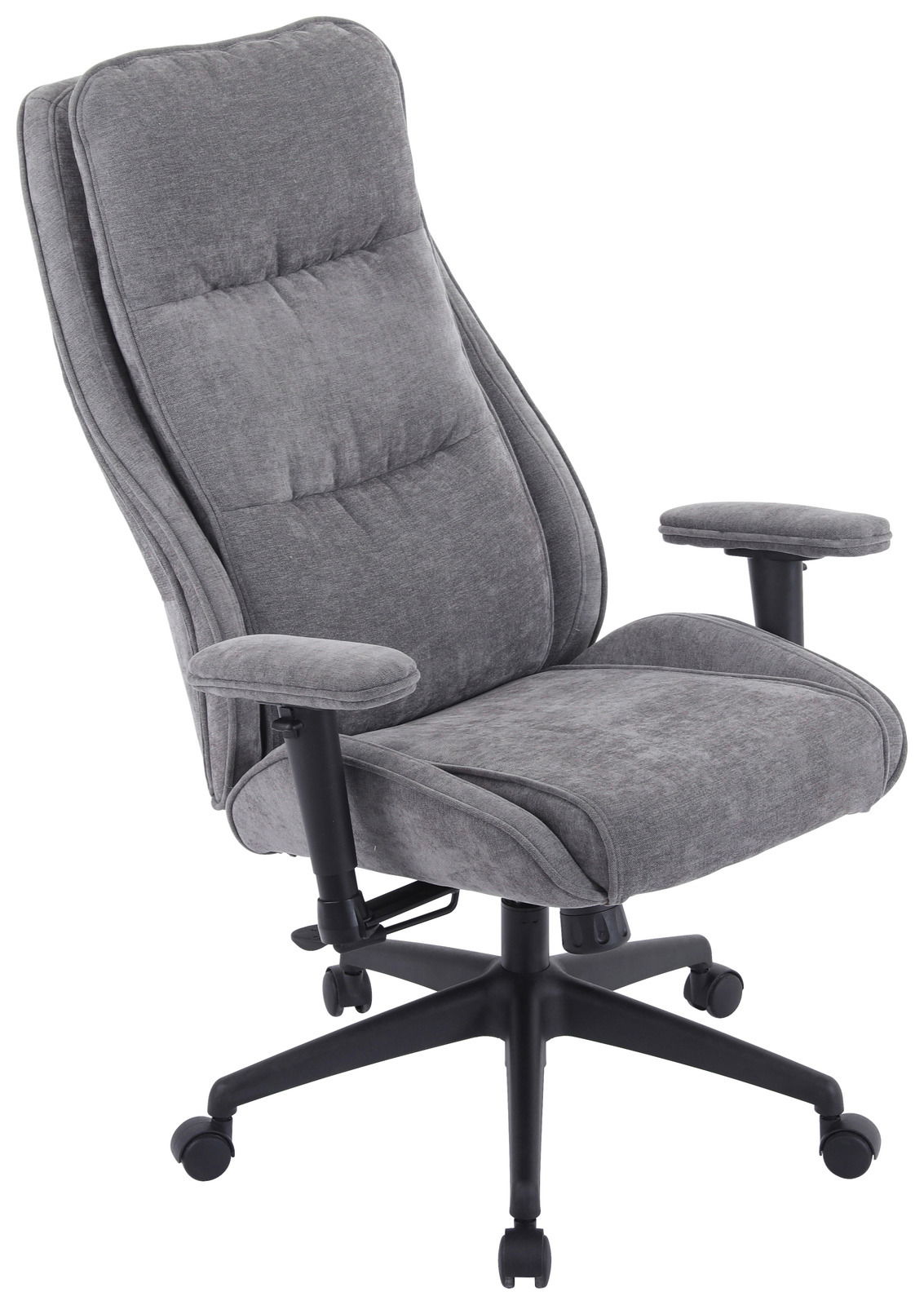 Grauer Homeoffice-Drehstuhl mit Armlehnen und gepolsterter Rückenlehne, seitliche Perspektive