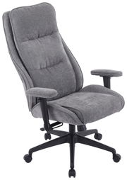 Grauer Homeoffice-Drehstuhl mit Armlehnen und gepolsterter Rückenlehne, seitliche Perspektive