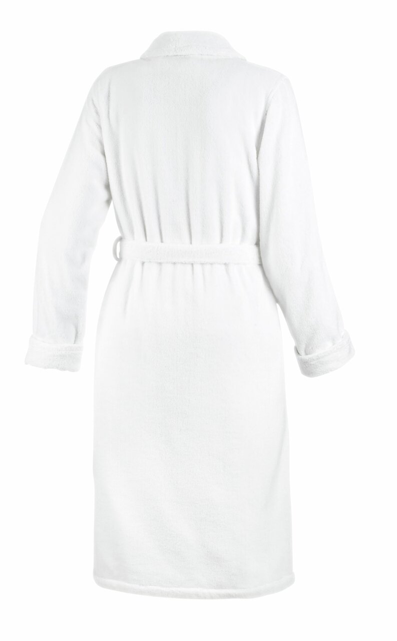 Rückansicht eines weißen Bademantels mit Schalkragen und Gürtel, Größe 46.