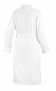 Rückansicht eines weißen Bademantels mit Schalkragen und Gürtel, Größe 46.