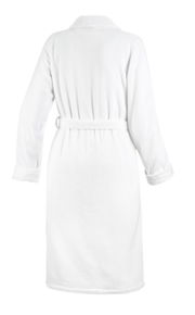 Rückansicht eines weißen Bademantels mit Schalkragen und Gürtel, Größe 46.