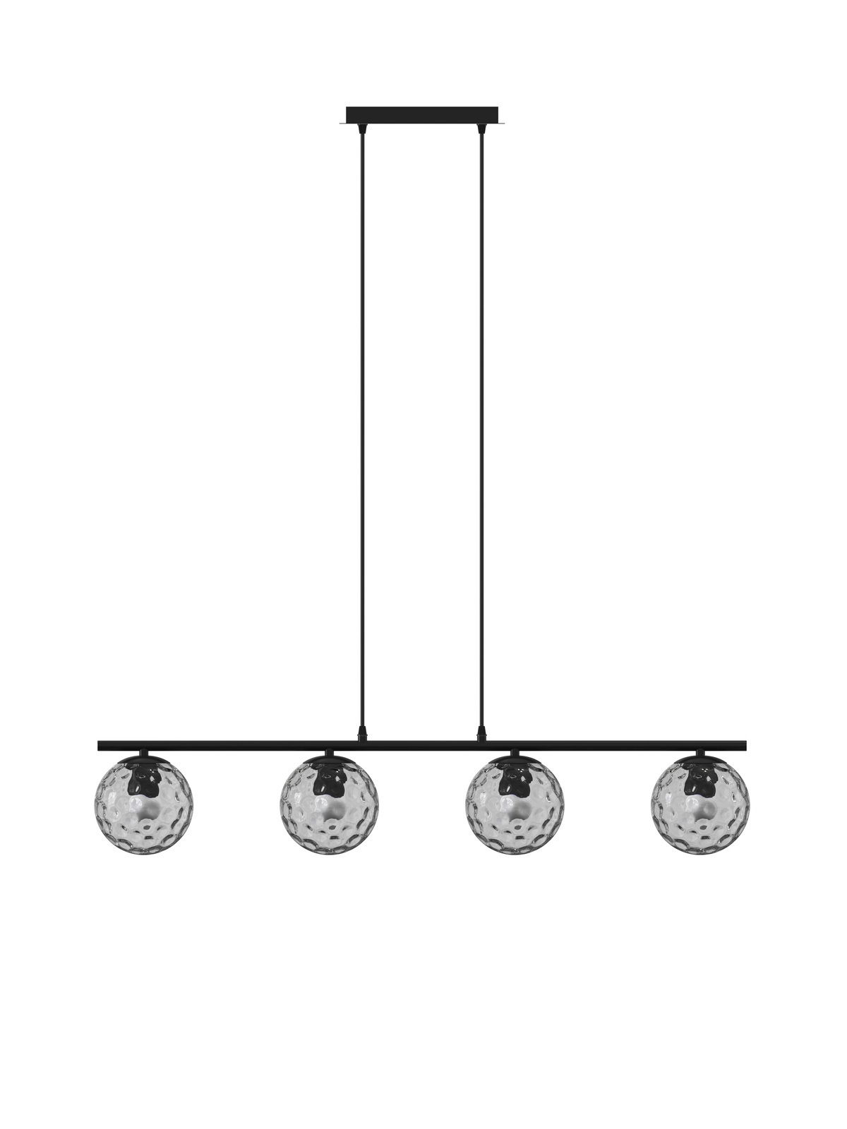 Moderne Hängeleuchte mit vier kugelförmigen, strukturierten Glaskörpern, frontal abgebildet.