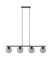 Moderne hanglamp met vier bolvormige, gestructureerde glazen elementen, gezien van voren.
