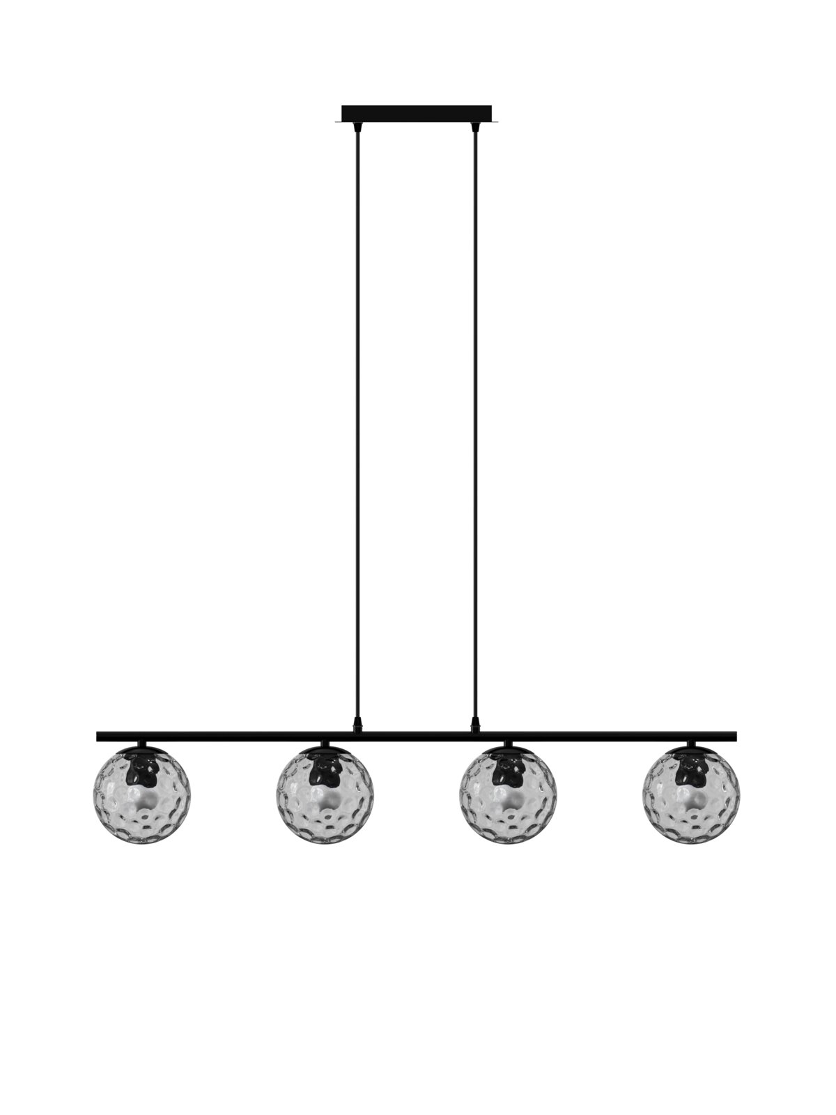 Moderne hanglamp met vier bolvormige, gestructureerde glazen elementen, gezien van voren.