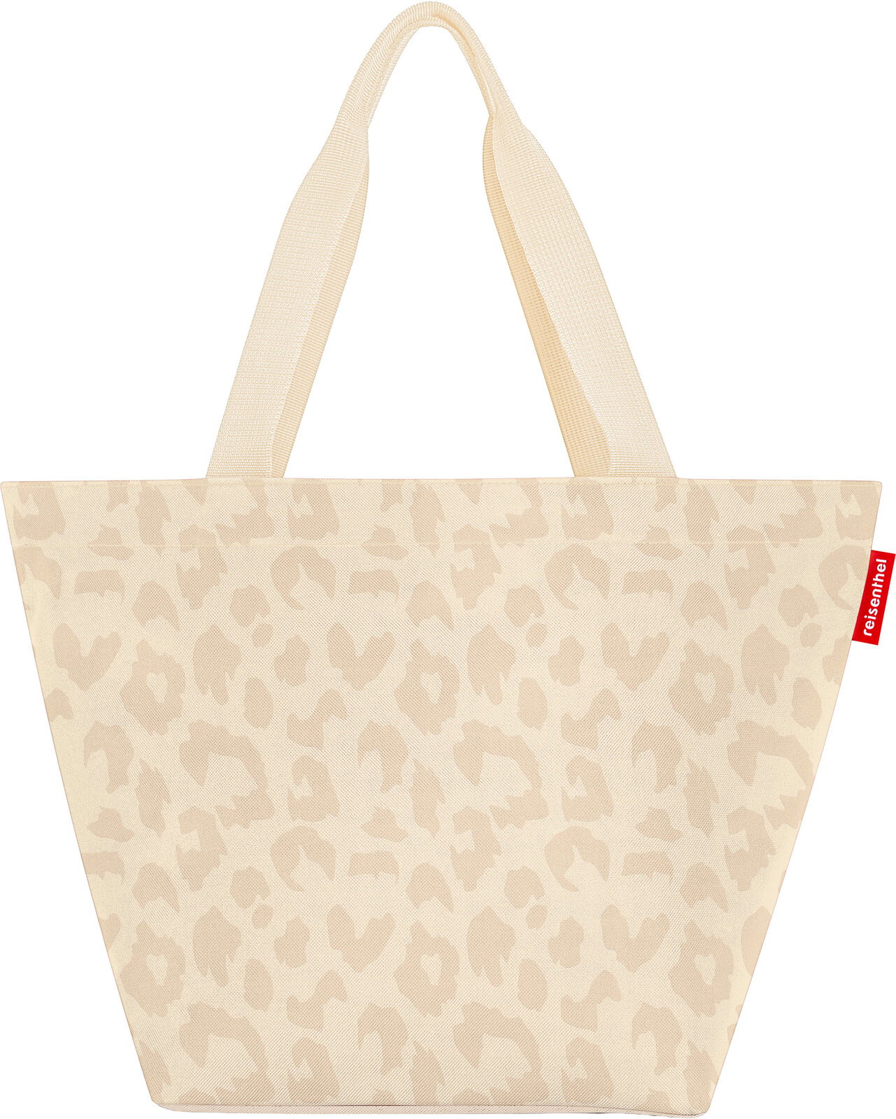 Beige Shopper-Tasche mit dezentem Leo-Muster und zwei langen Tragehenkeln, Frontansicht auf weißem Hintergrund.
