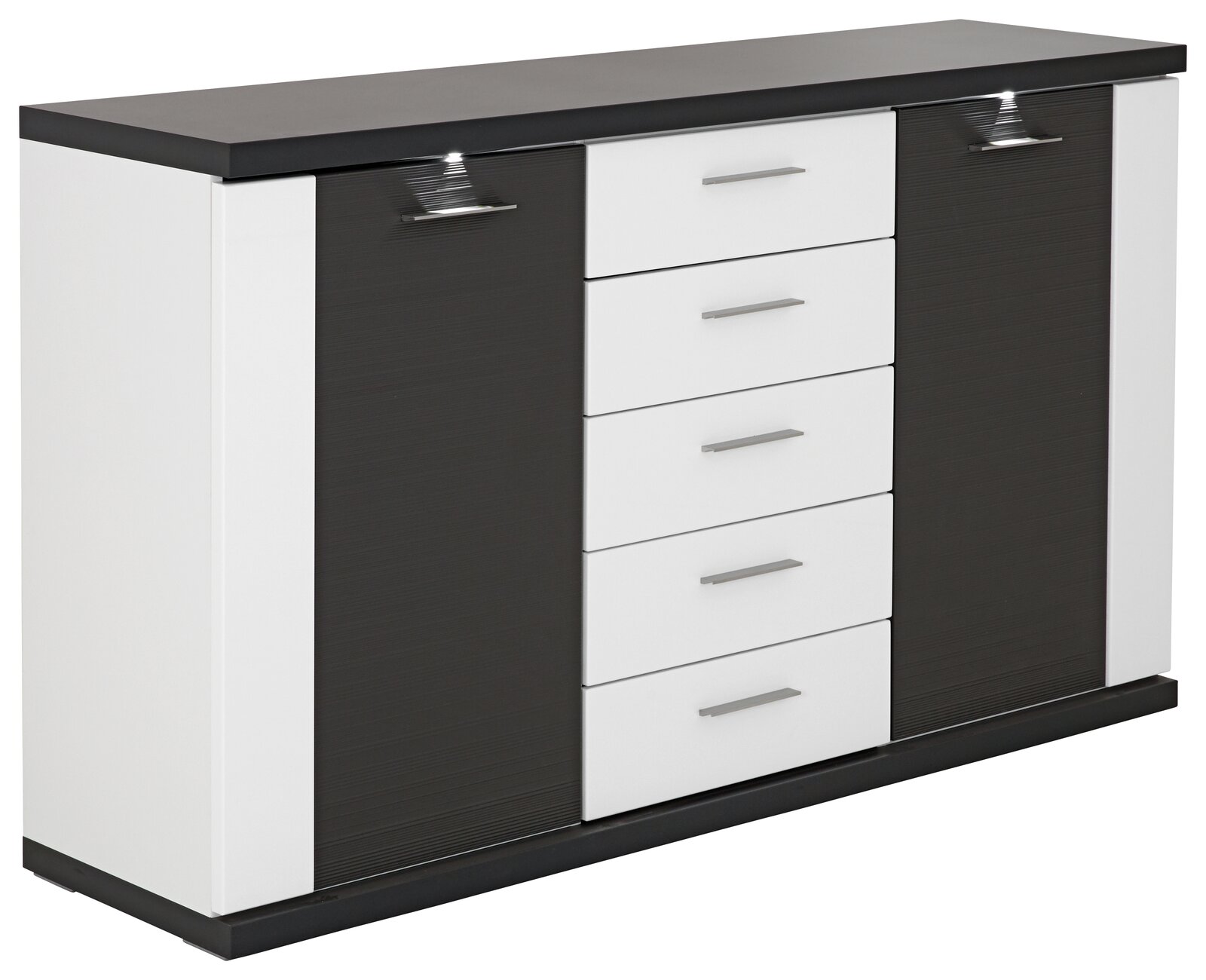 XORA Sideboard MANHATTAN Modernes Sideboard mit schwarzer und weißer Front, sechs Schubladen in der Mitte und zwei Türen an den Seiten, seitliche Perspektive