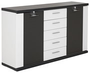 Modernes Sideboard mit schwarzer und weißer Front, sechs Schubladen in der Mitte und zwei Türen an den Seiten, seitliche Perspektive
