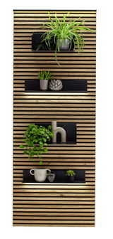 Lamellen-Paneel mit integrierten Regalen, dekoriert mit Pflanzen und Accessoires, aus frontaler Perspektive.