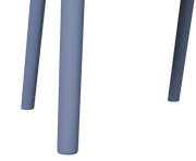 Nahaufnahme der Beine eines blauen Stapelsessels aus seitlicher Perspektive.