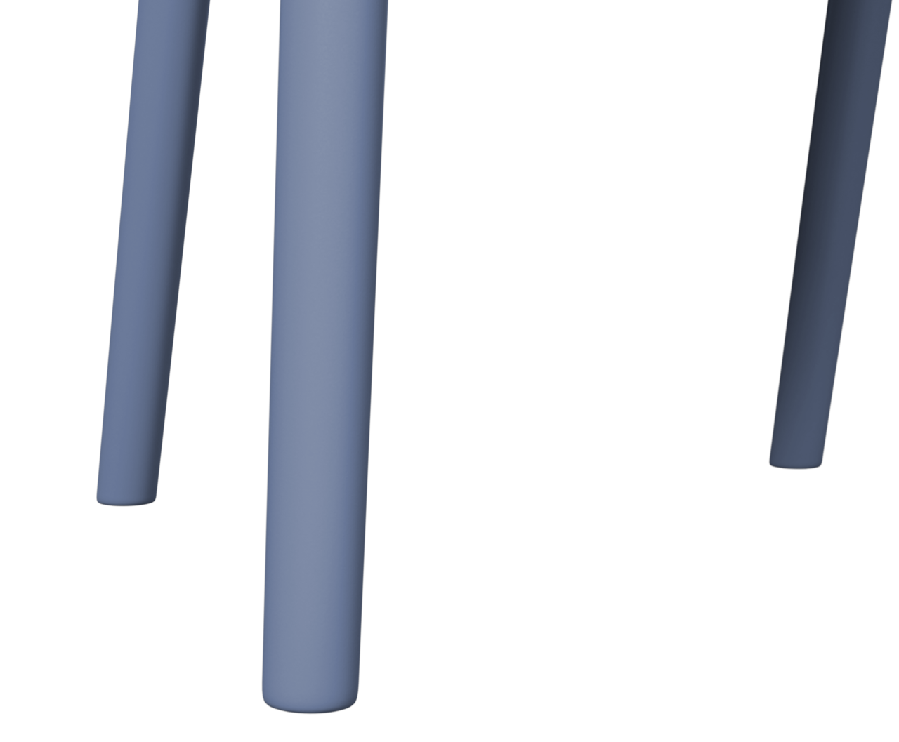 Nahaufnahme der Beine eines blauen Stapelsessels aus seitlicher Perspektive.