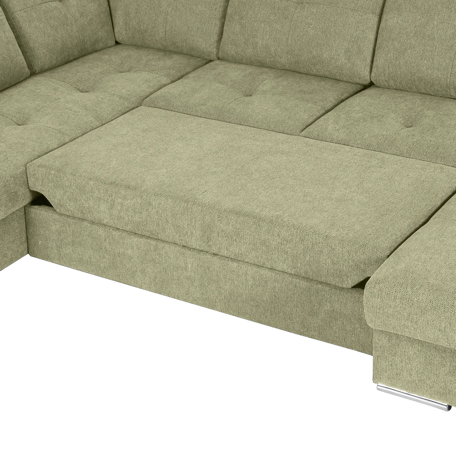 Grüne Ecksofa mit Ottomane, Ansicht von oben, zeigt die Sitzfläche und Rückenlehne.