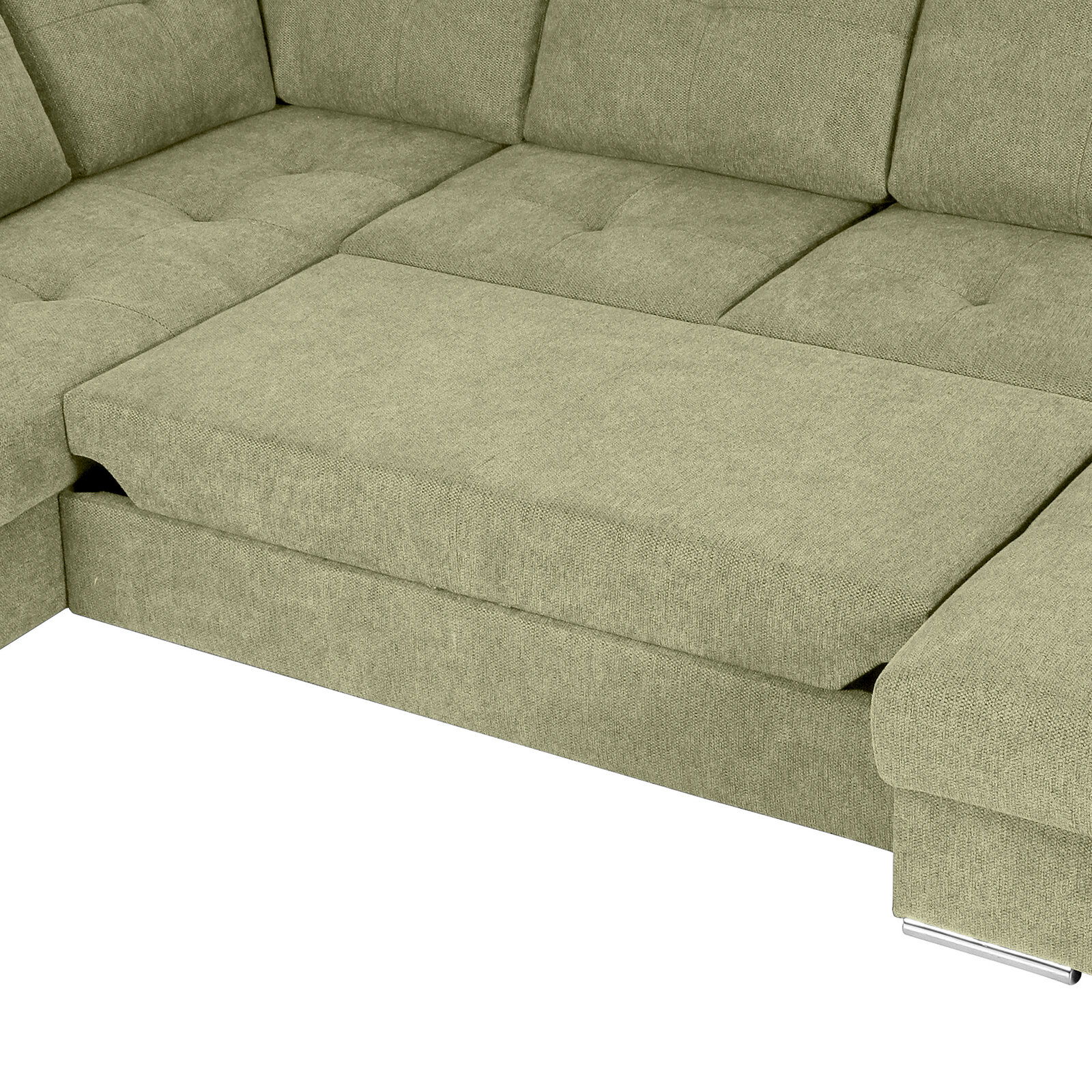 Grüne Ecksofa mit Ottomane, Ansicht von oben, zeigt die Sitzfläche und Rückenlehne.