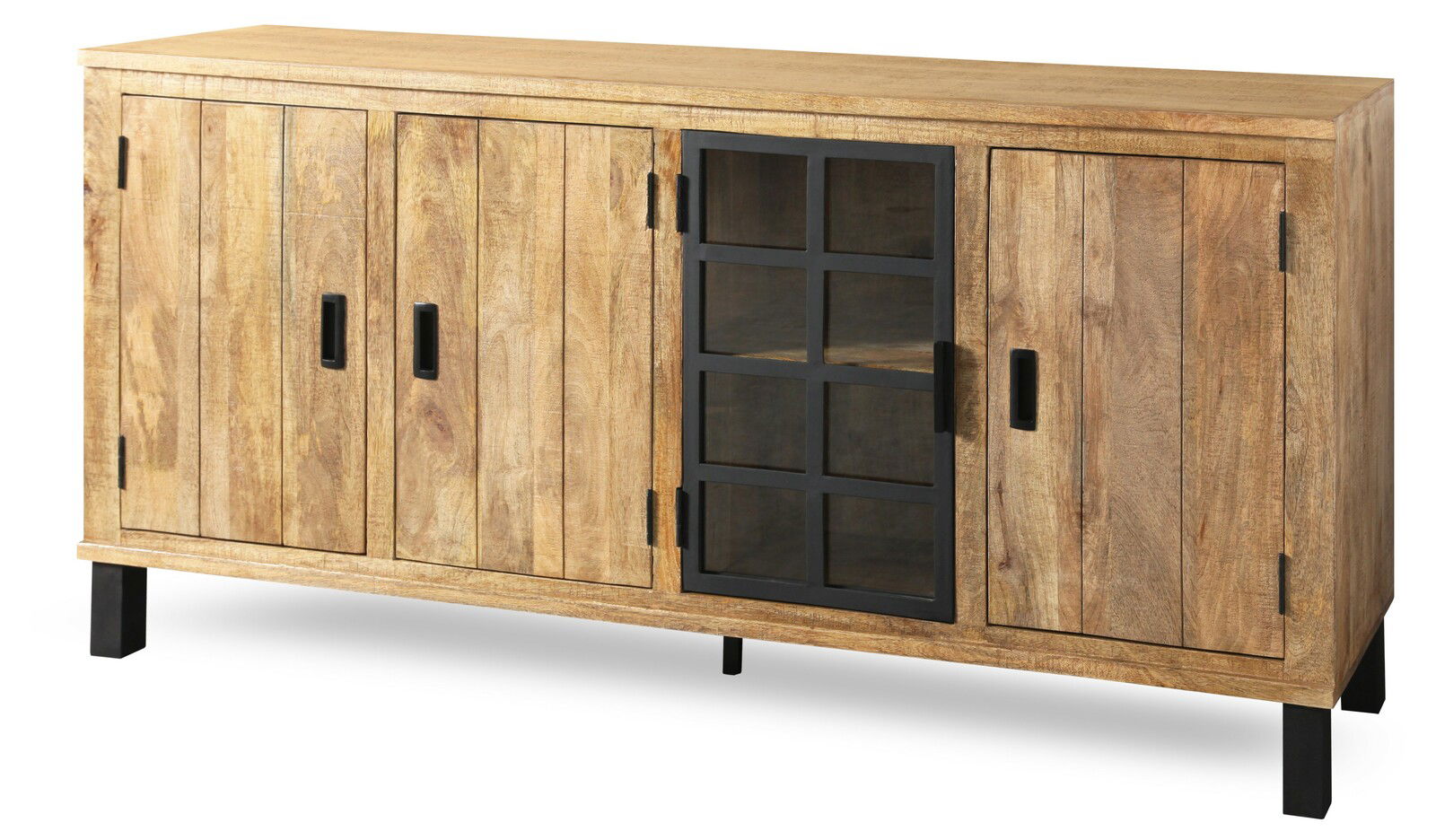 Holz-Sideboard mit vier Türen, davon eine mit Glaseinsatz, aus seitlicher Perspektive