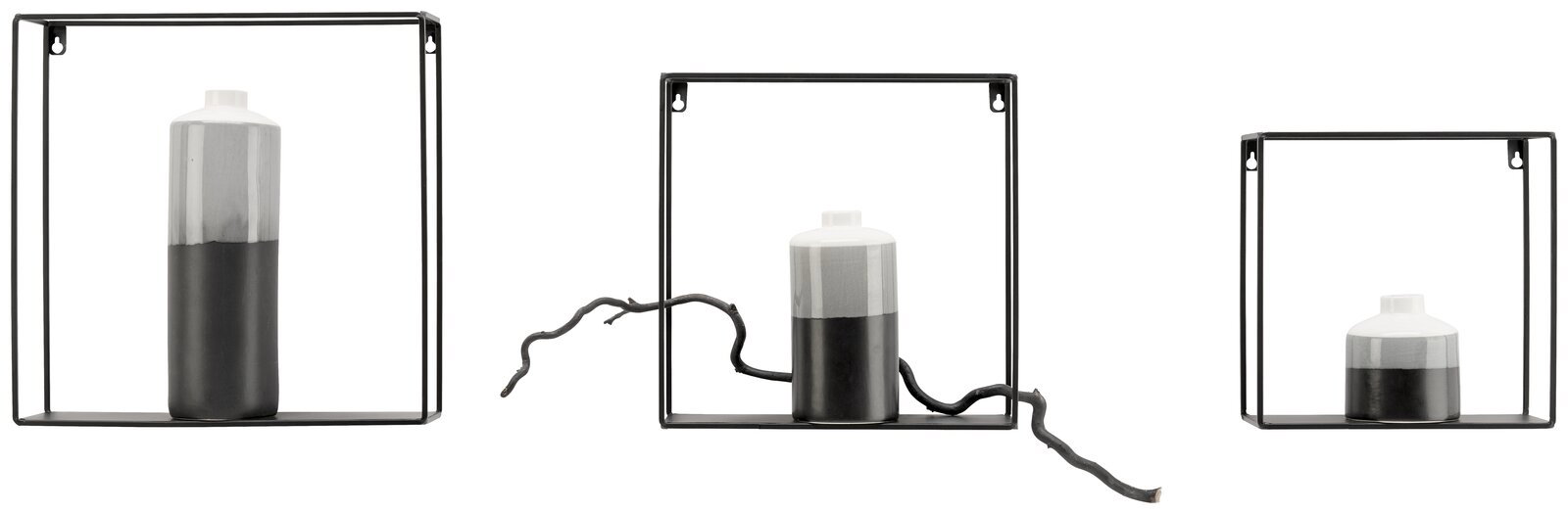 Dreiteiliges Wandregal-Set aus schwarzem Metall mit dekorativen Vasen, frontal betrachtet.