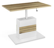 Moderner Couchtisch mit höhenverstellbarer Holzplatte und weißem Sockel, seitliche Perspektive