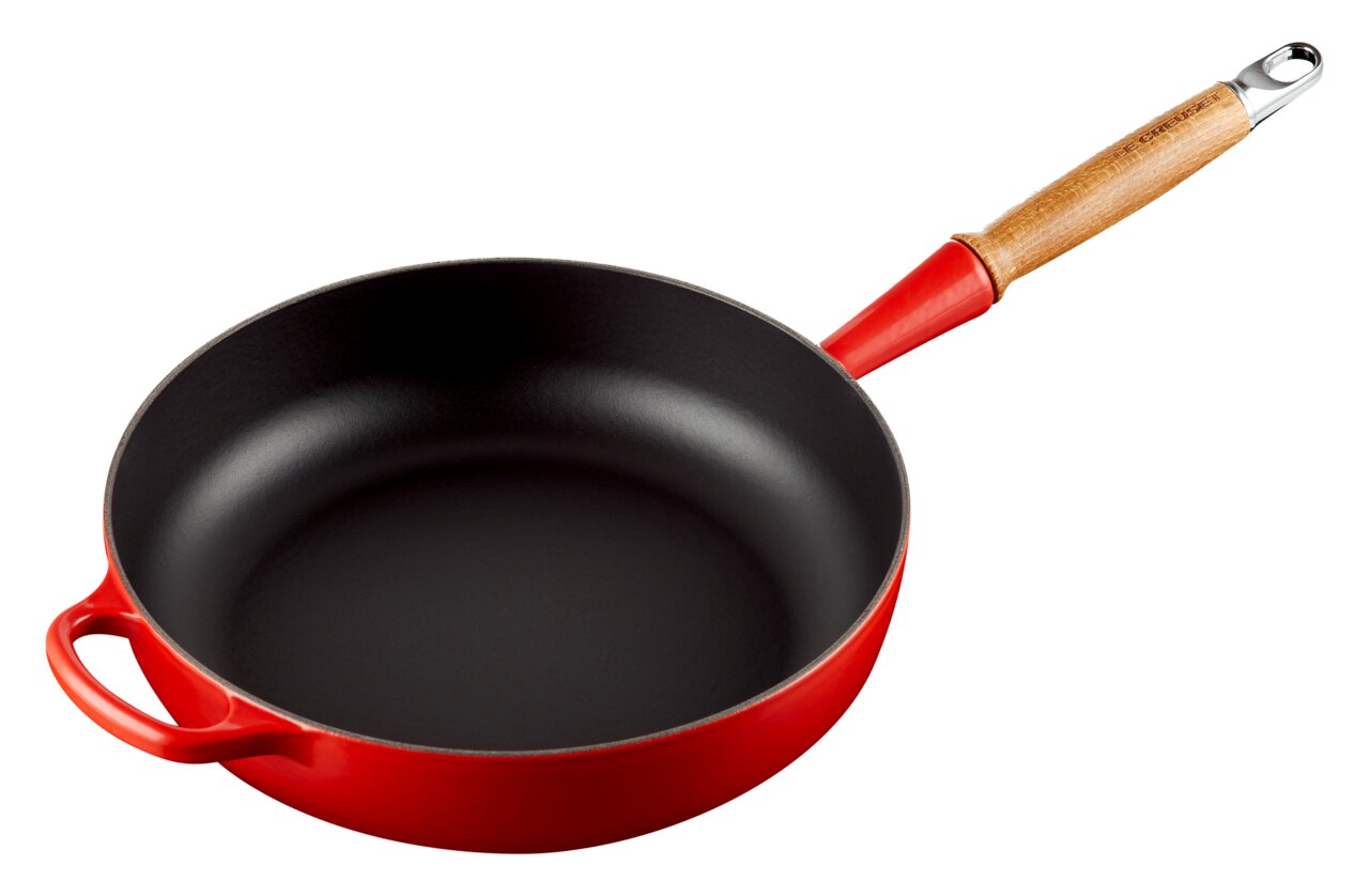 Rote Sautepfanne mit Holzgriff, Draufsicht