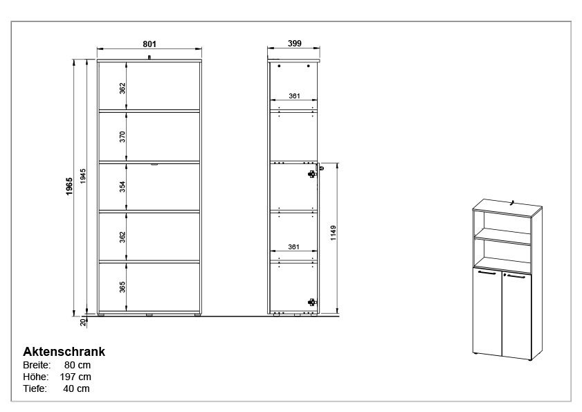 Zeichnung eines Aktenschranks mit den Maßen: Breite 80 cm, Höhe 197 cm, Tiefe 40 cm, in Vorder- und Seitenansicht.