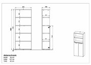 Tekening van een archiefkast met de afmetingen: breedte 80 cm, hoogte 197 cm, diepte 40 cm, in vooraanzicht en zijaanzicht.