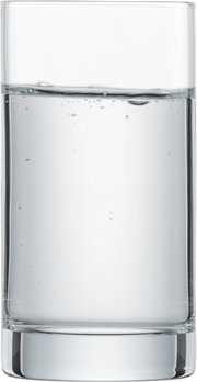 Ein transparentes, zylindrisches Trinkglas, halb gefüllt mit Wasser, aus der Frontalperspektive.