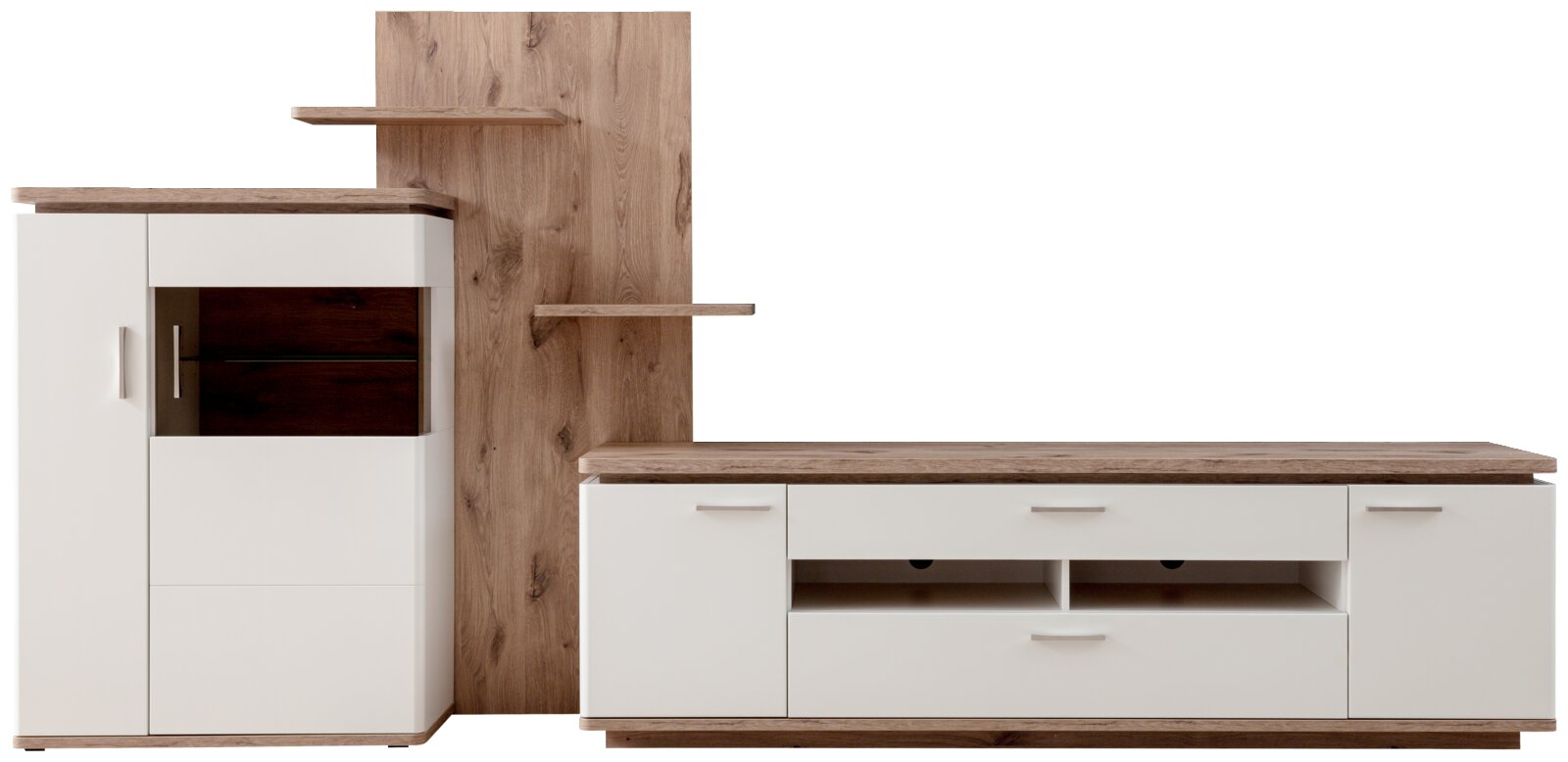 Wohnwand/TV-Lowboard-Set in Weiß und Holzoptik mit hoher Vitrine, offenem Regal, zwei Wandboards und TV-Bank mit Schublade und offenen Fächern, frontale Ansicht
