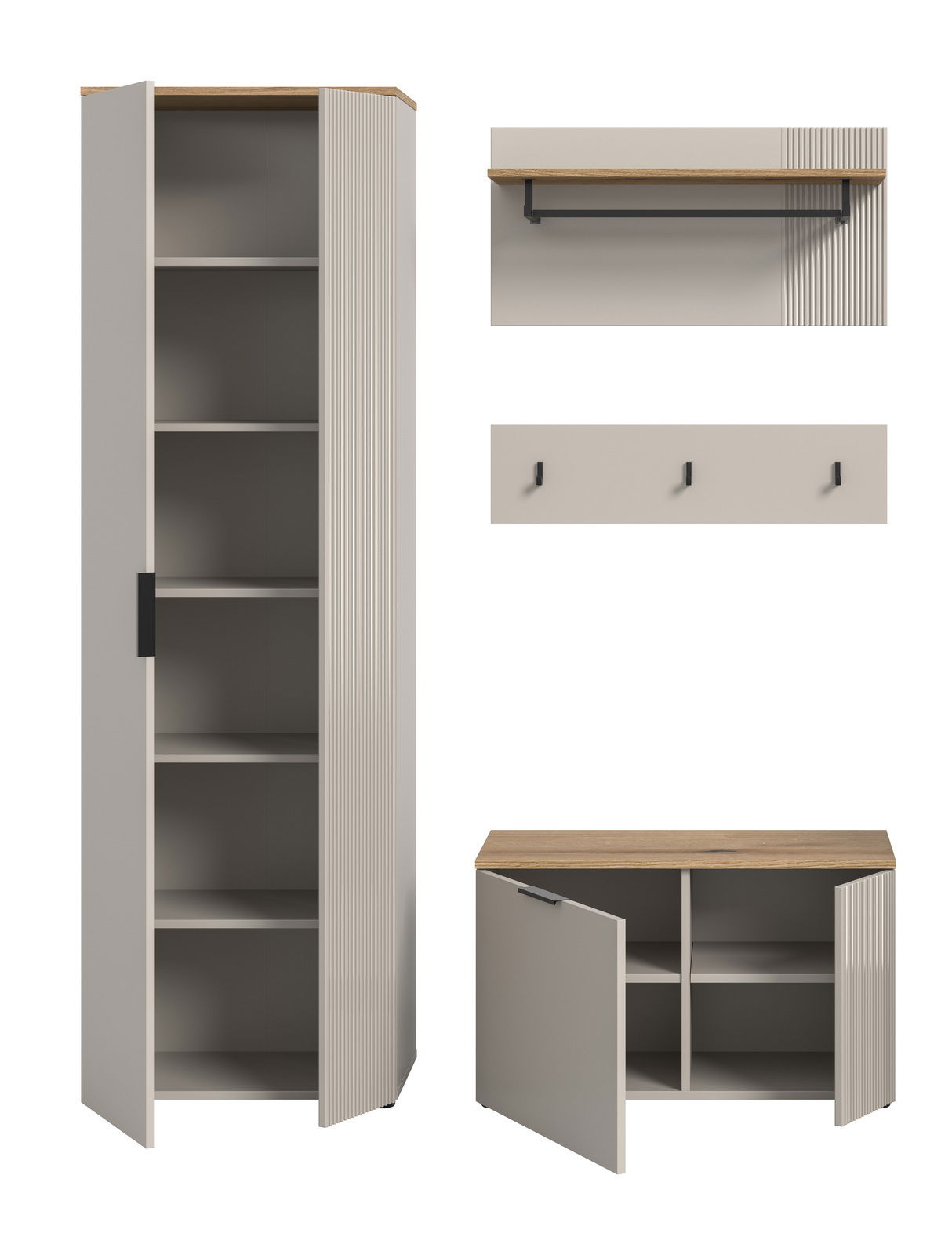 Garderobenkombination bestehend aus einem hohen Schrank mit offenen Türen, einem Wandregal mit Kleiderstange und einer Bank mit Stauraum, aus der Frontansicht.