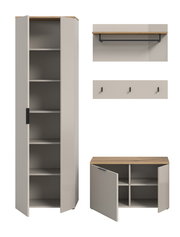 Garderobenkombination bestehend aus einem hohen Schrank mit offenen Türen, einem Wandregal mit Kleiderstange und einer Bank mit Stauraum, aus der Frontansicht.