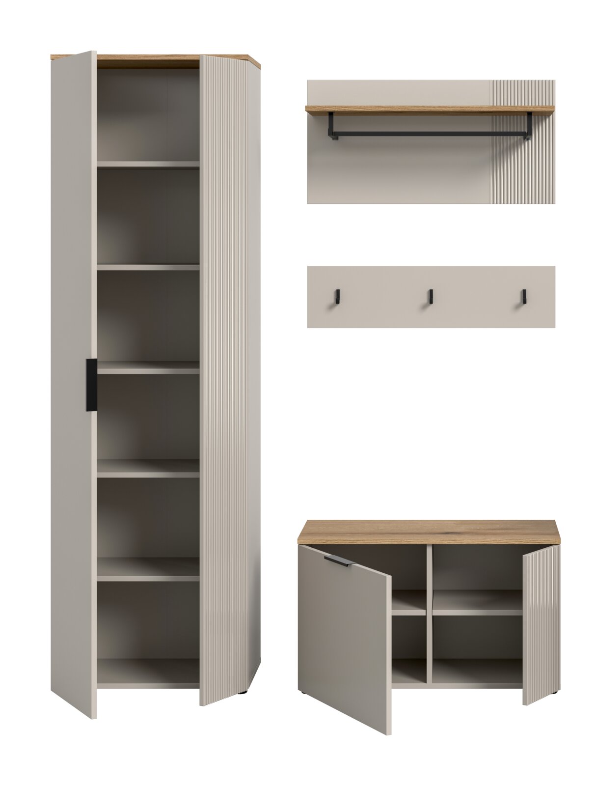 Garderobenkombination bestehend aus einem hohen Schrank mit offenen Türen, einem Wandregal mit Kleiderstange und einer Bank mit Stauraum, aus der Frontansicht.