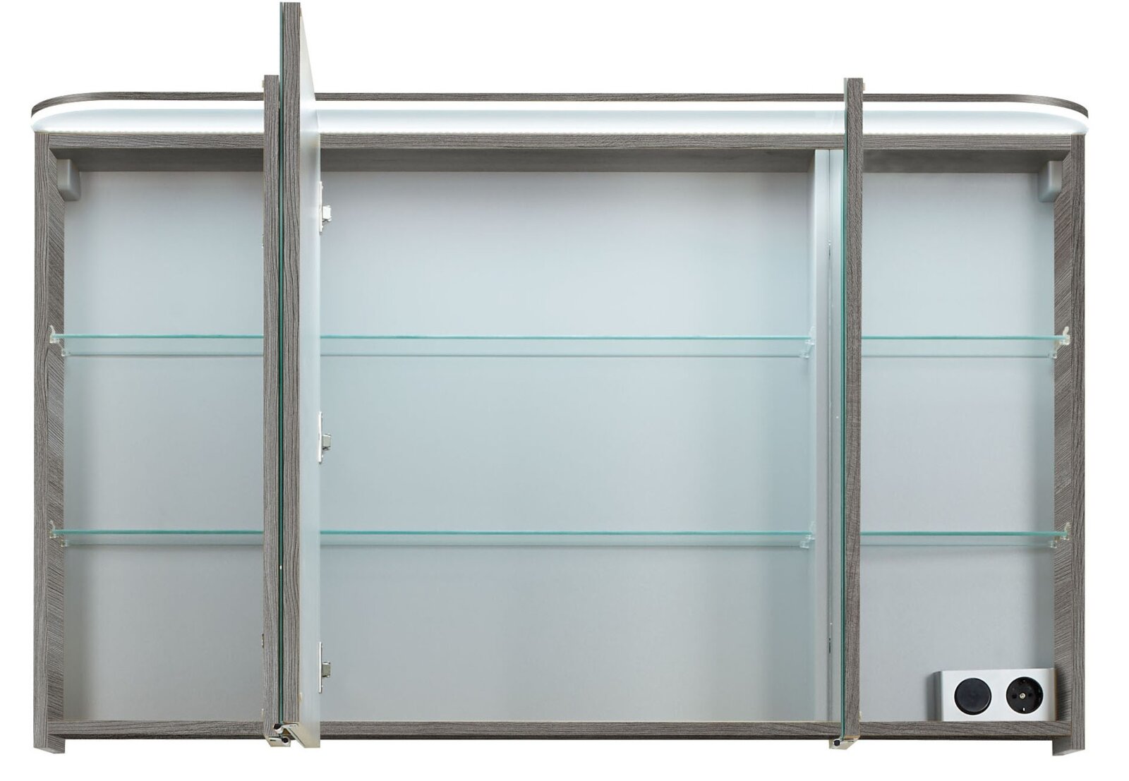 Spiegelschrank mit drei Türen, geöffnet, mit Glasregalen und Steckdose, Frontalansicht