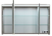 Spiegelkast met drie deuren, geopend, met glazen planken en stopcontact, vooraanzicht